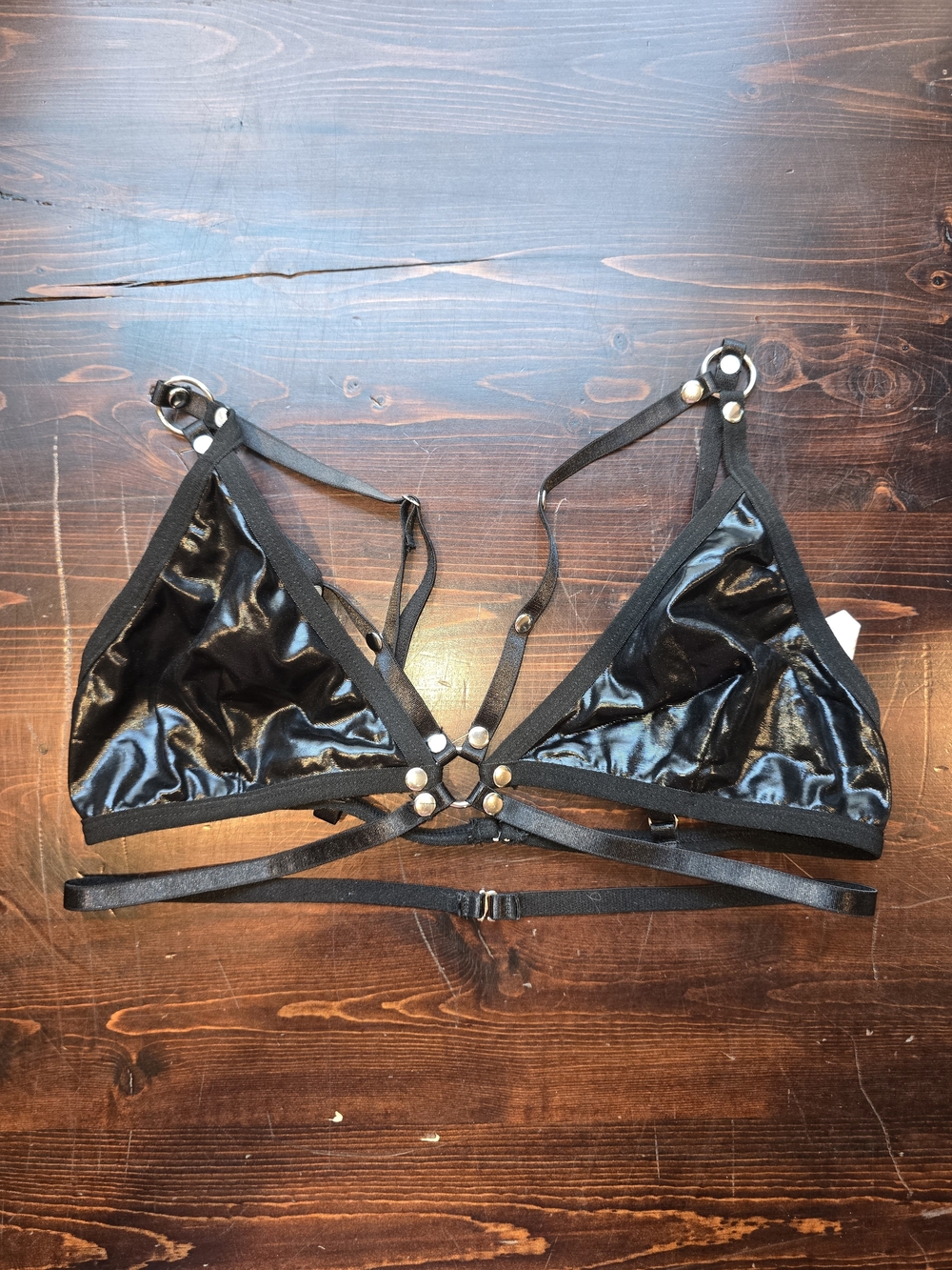 ROMWE Black Faux Leather Strappy Harness Bralette - Size Medium - Metallic O-Rin
